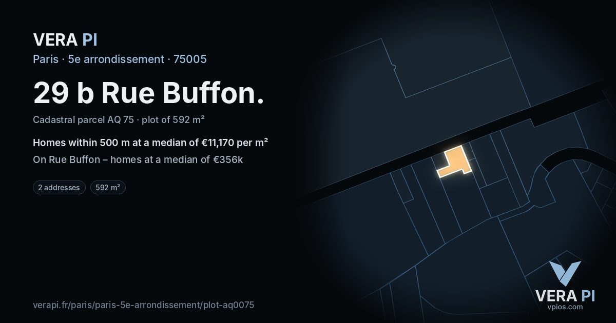 29 b Rue Buffon, 5e arrondissement at night – the plot lit, the parcels around coloured by the prices near them