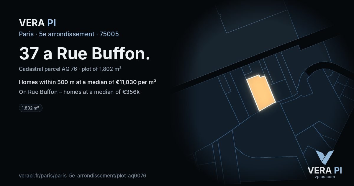 37 a Rue Buffon, 5e arrondissement at night – the plot lit, the parcels around coloured by the prices near them