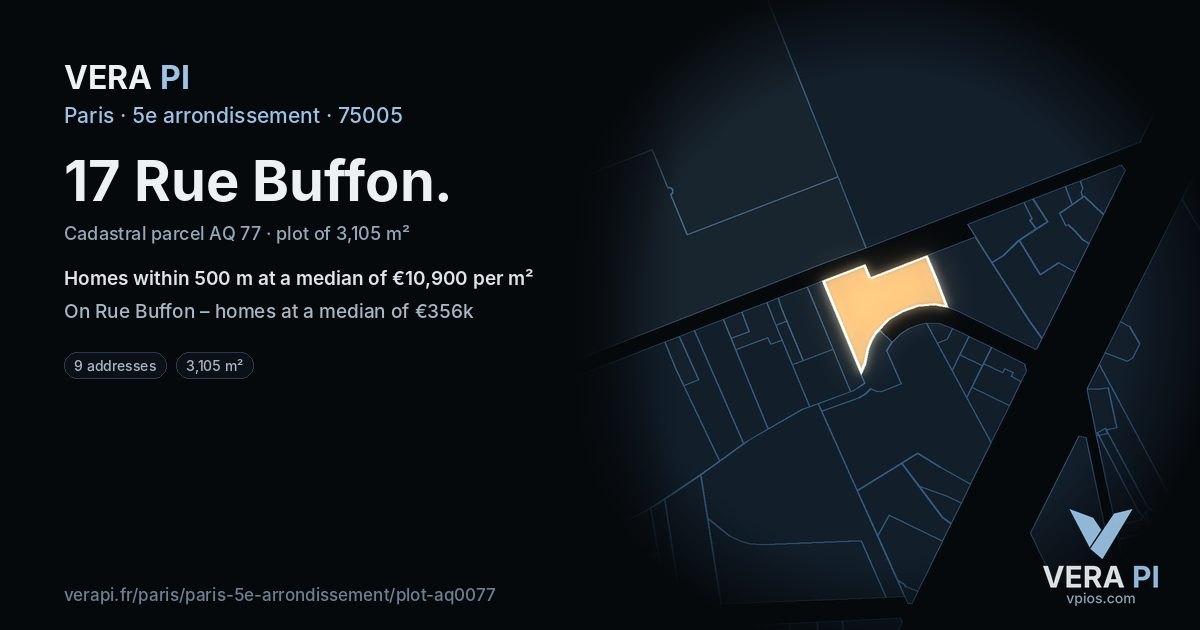 17 Rue Buffon, 5e arrondissement at night – the plot lit, the parcels around coloured by the prices near them