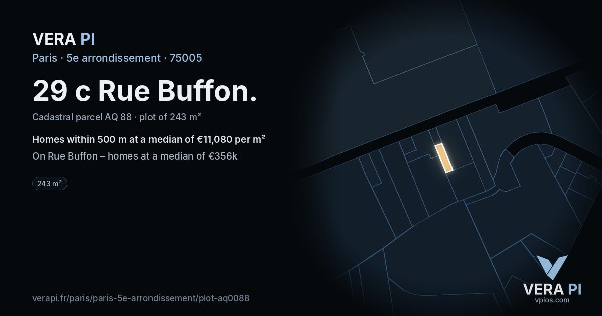 29 c Rue Buffon, 5e arrondissement at night – the plot lit, the parcels around coloured by the prices near them