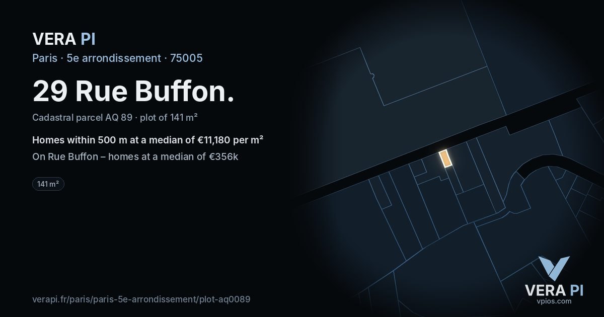 29 Rue Buffon, 5e arrondissement at night – the plot lit, the parcels around coloured by the prices near them