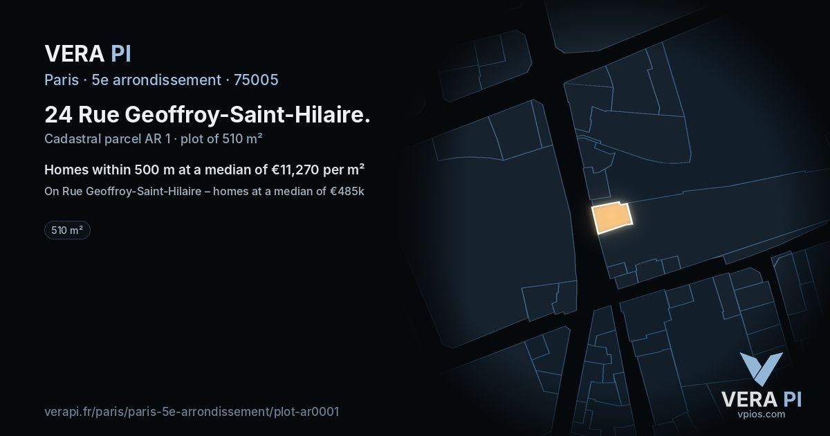 24 Rue Geoffroy-Saint-Hilaire, 5e arrondissement at night – the plot lit, the parcels around coloured by the prices near them