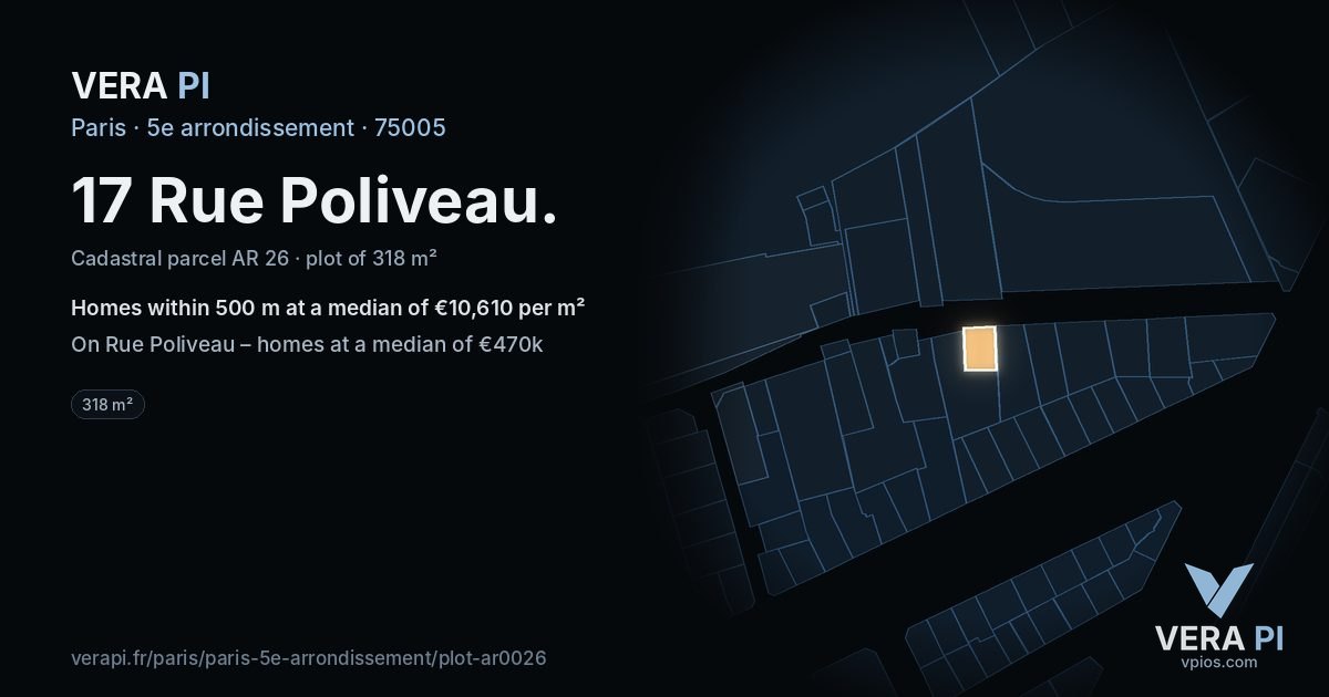 17 Rue Poliveau, 5e arrondissement at night – the plot lit, the parcels around coloured by the prices near them