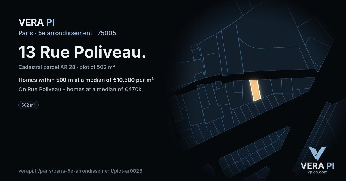 13 Rue Poliveau, 5e arrondissement at night – the plot lit, the parcels around coloured by the prices near them