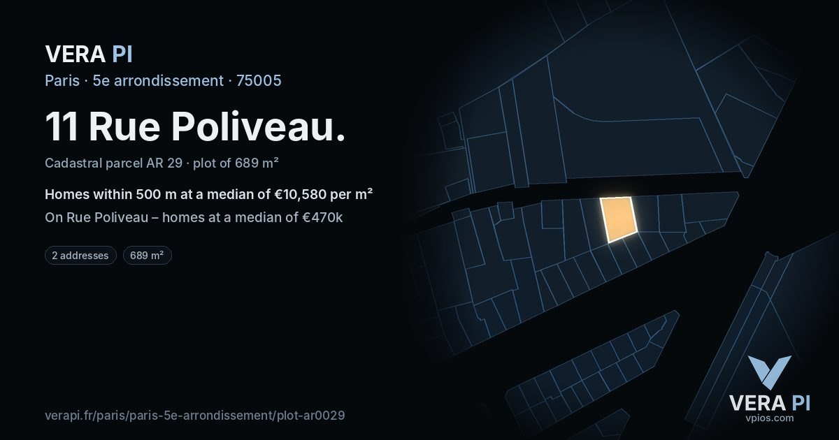 11 Rue Poliveau, 5e arrondissement at night – the plot lit, the parcels around coloured by the prices near them
