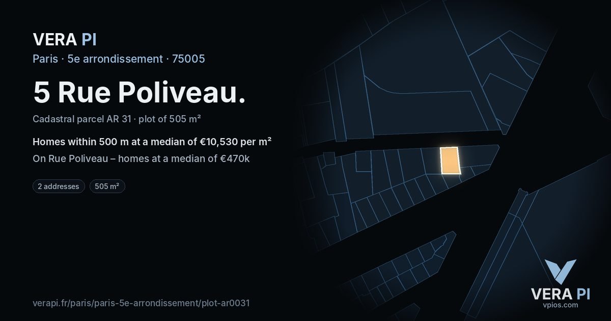 5 Rue Poliveau, 5e arrondissement at night – the plot lit, the parcels around coloured by the prices near them