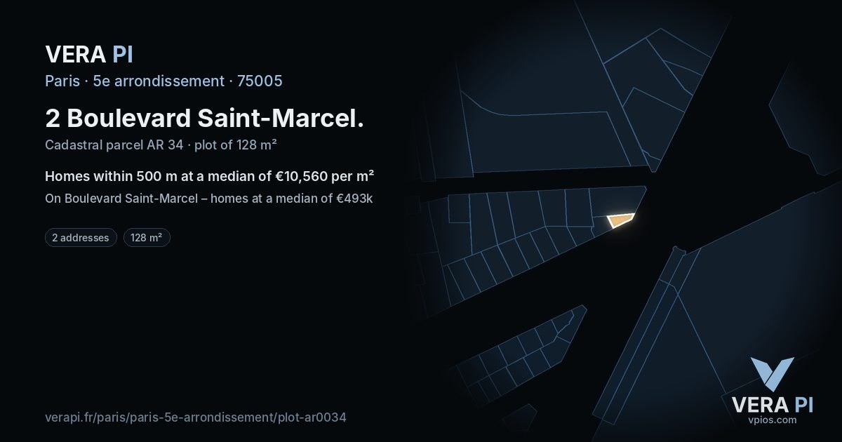 2 Boulevard Saint-Marcel, 5e arrondissement at night – the plot lit, the parcels around coloured by the prices near them
