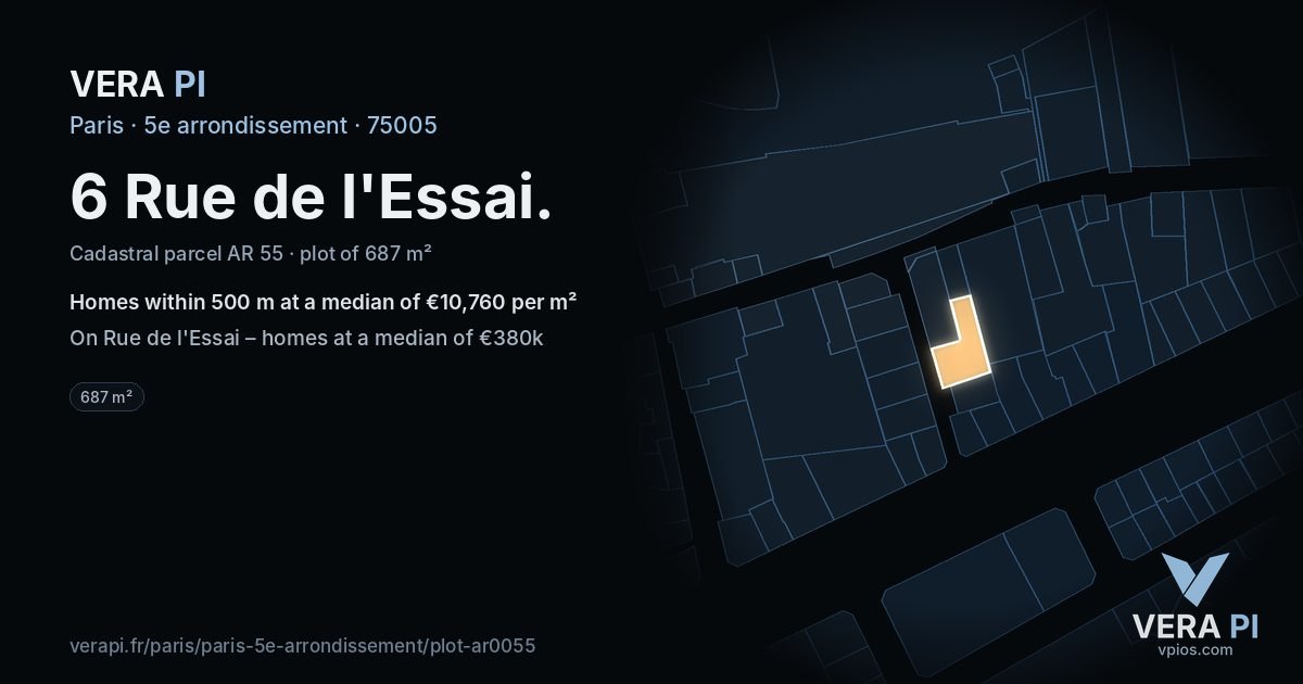 6 Rue de l'Essai, 5e arrondissement at night – the plot lit, the parcels around coloured by the prices near them