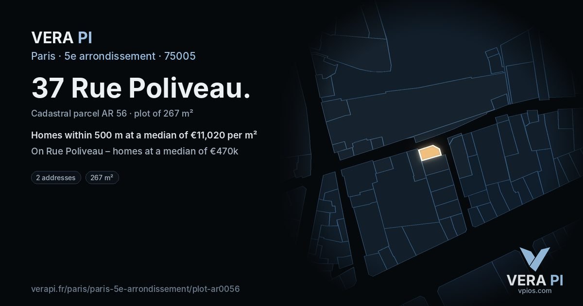 37 Rue Poliveau, 5e arrondissement at night – the plot lit, the parcels around coloured by the prices near them