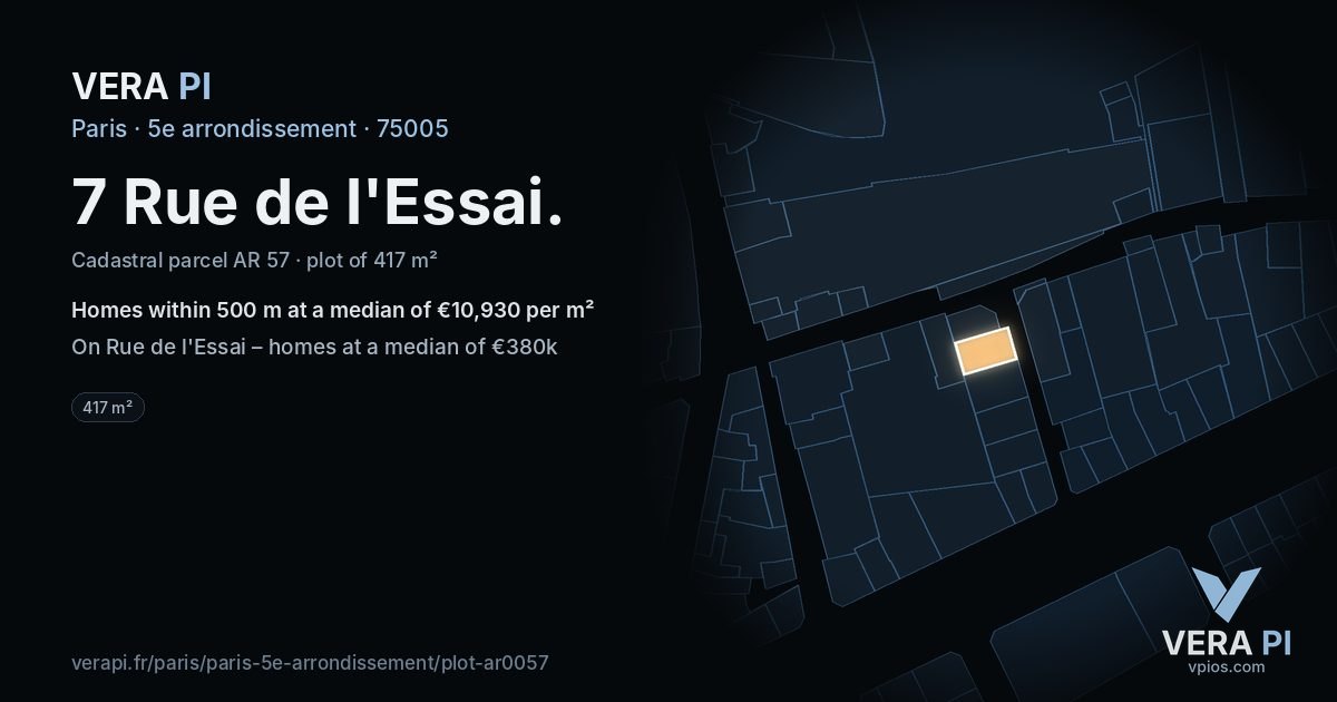 7 Rue de l'Essai, 5e arrondissement at night – the plot lit, the parcels around coloured by the prices near them