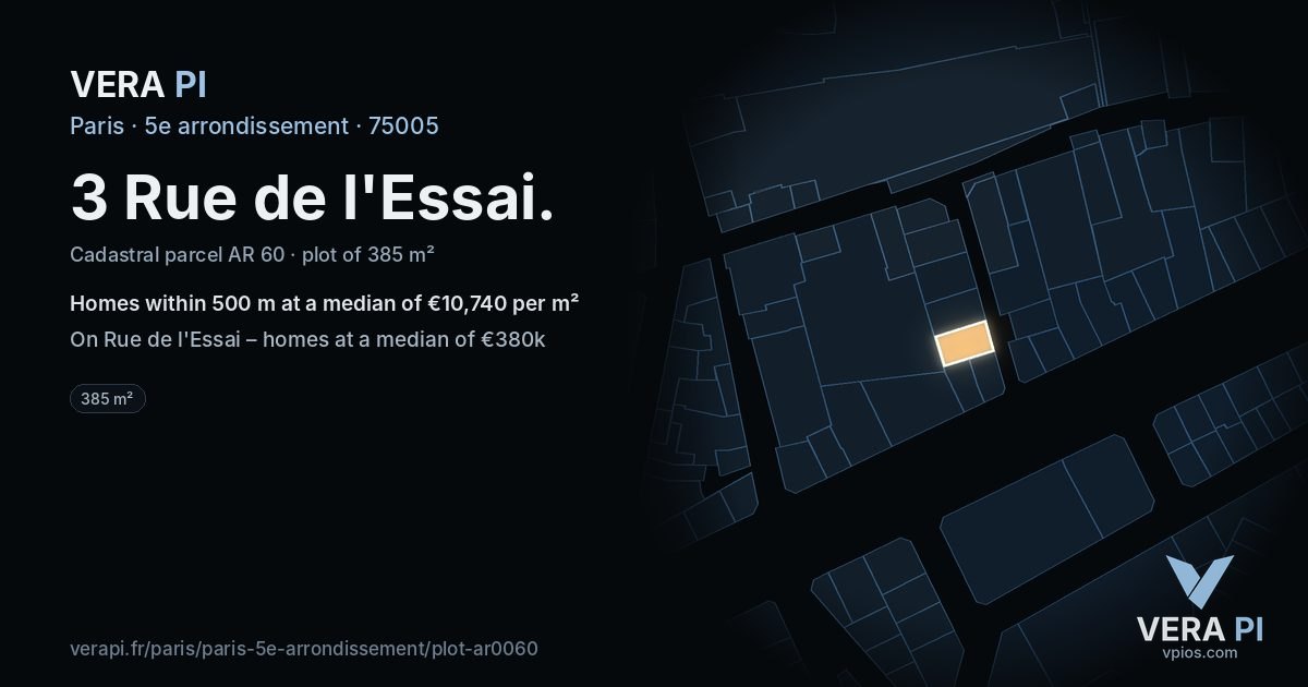 3 Rue de l'Essai, 5e arrondissement at night – the plot lit, the parcels around coloured by the prices near them
