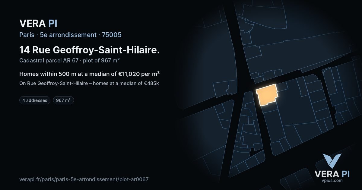 14 Rue Geoffroy-Saint-Hilaire, 5e arrondissement at night – the plot lit, the parcels around coloured by the prices near them