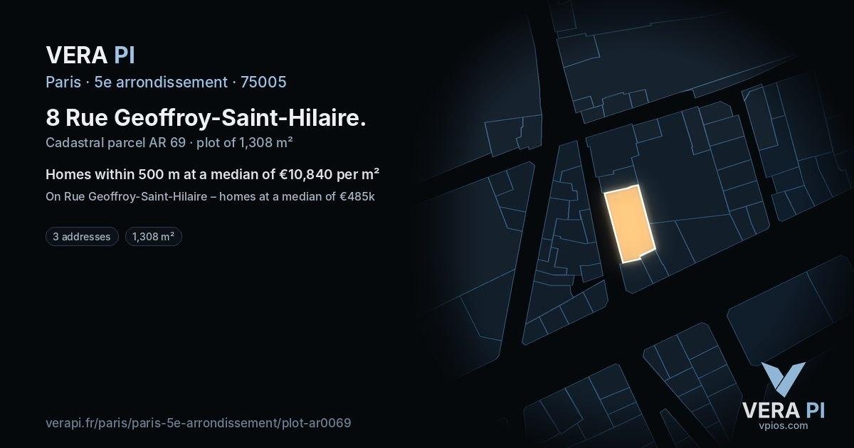 8 Rue Geoffroy-Saint-Hilaire, 5e arrondissement at night – the plot lit, the parcels around coloured by the prices near them