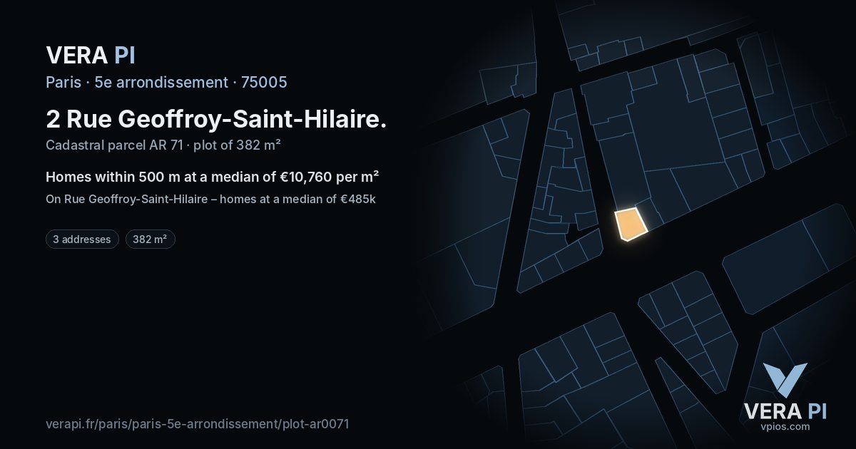 2 Rue Geoffroy-Saint-Hilaire, 5e arrondissement at night – the plot lit, the parcels around coloured by the prices near them