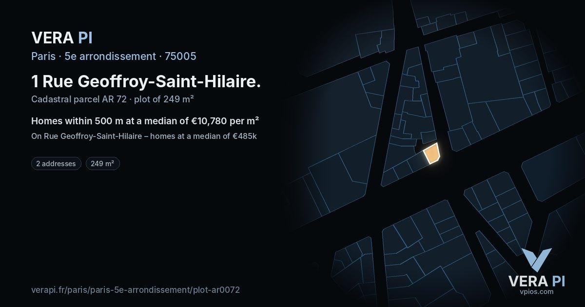 1 Rue Geoffroy-Saint-Hilaire, 5e arrondissement at night – the plot lit, the parcels around coloured by the prices near them