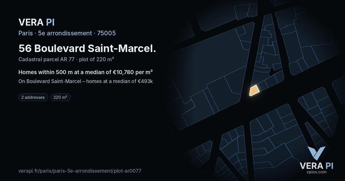 56 Boulevard Saint-Marcel, 5e arrondissement at night – the plot lit, the parcels around coloured by the prices near them