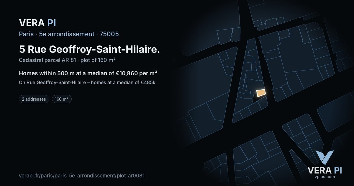 5 Rue Geoffroy-Saint-Hilaire, 5e arrondissement at night – the plot lit, the parcels around coloured by the prices near them