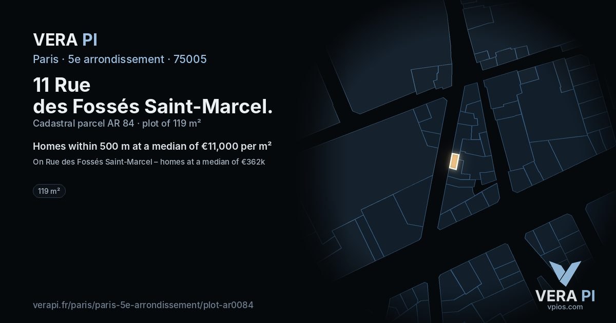 11 Rue des Fossés Saint-Marcel, 5e arrondissement at night – the plot lit, the parcels around coloured by the prices near them