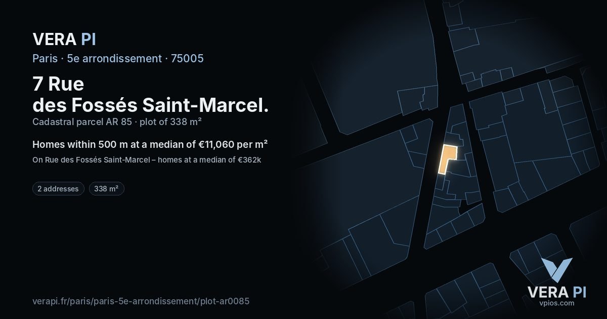 7 Rue des Fossés Saint-Marcel, 5e arrondissement at night – the plot lit, the parcels around coloured by the prices near them