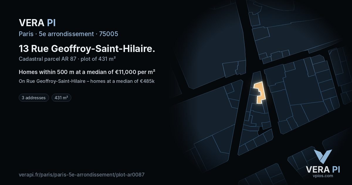 13 Rue Geoffroy-Saint-Hilaire, 5e arrondissement at night – the plot lit, the parcels around coloured by the prices near them