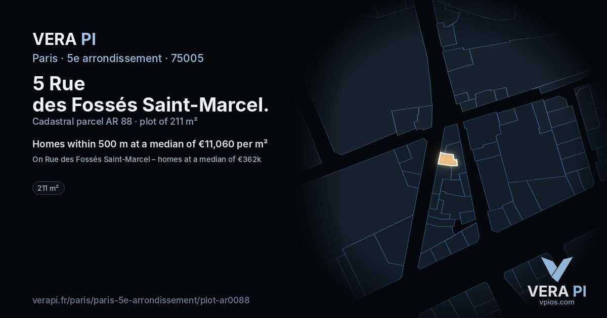 5 Rue des Fossés Saint-Marcel, 5e arrondissement at night – the plot lit, the parcels around coloured by the prices near them