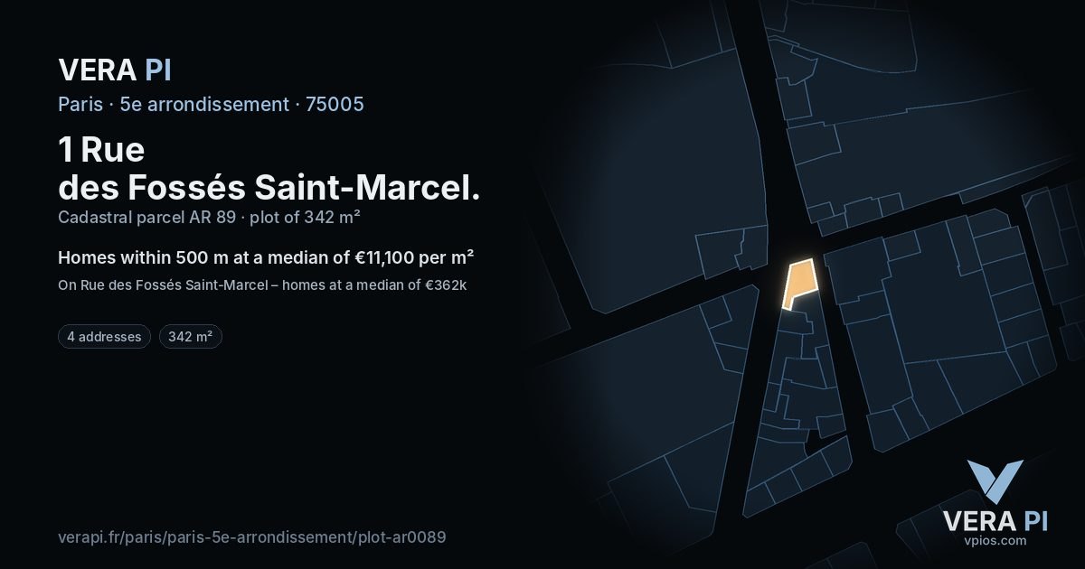 1 Rue des Fossés Saint-Marcel, 5e arrondissement at night – the plot lit, the parcels around coloured by the prices near them