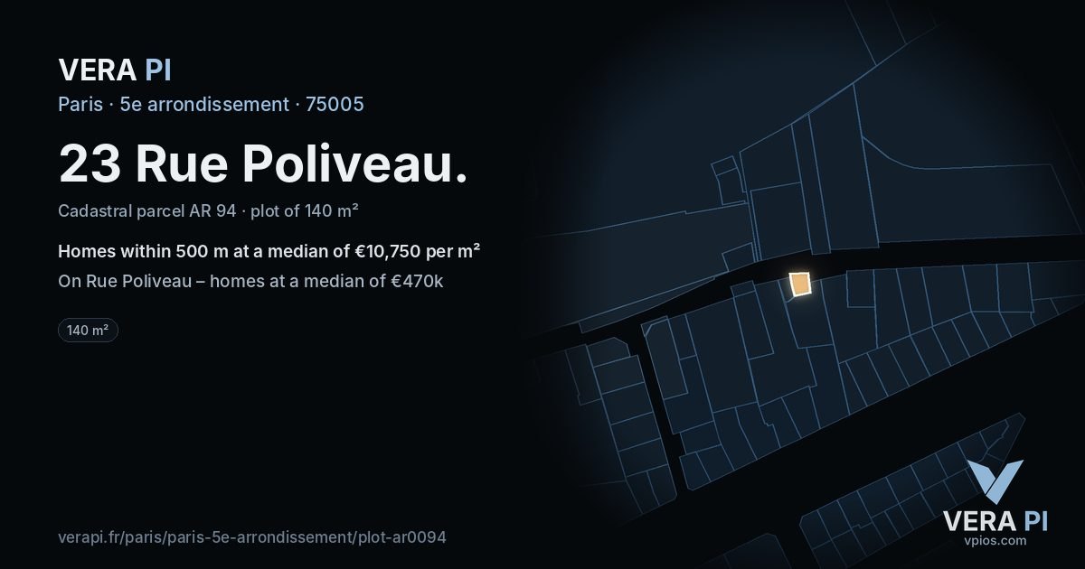 23 Rue Poliveau, 5e arrondissement at night – the plot lit, the parcels around coloured by the prices near them