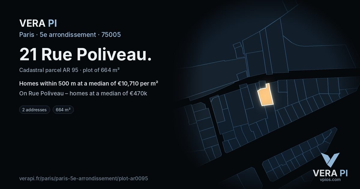21 Rue Poliveau, 5e arrondissement at night – the plot lit, the parcels around coloured by the prices near them