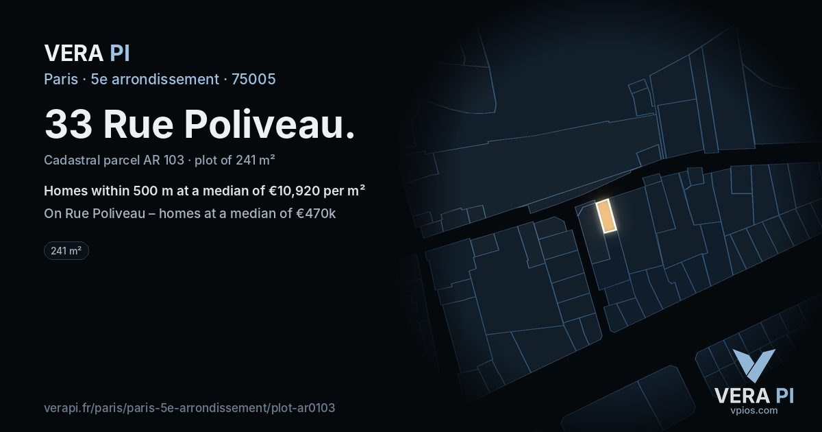 33 Rue Poliveau, 5e arrondissement at night – the plot lit, the parcels around coloured by the prices near them