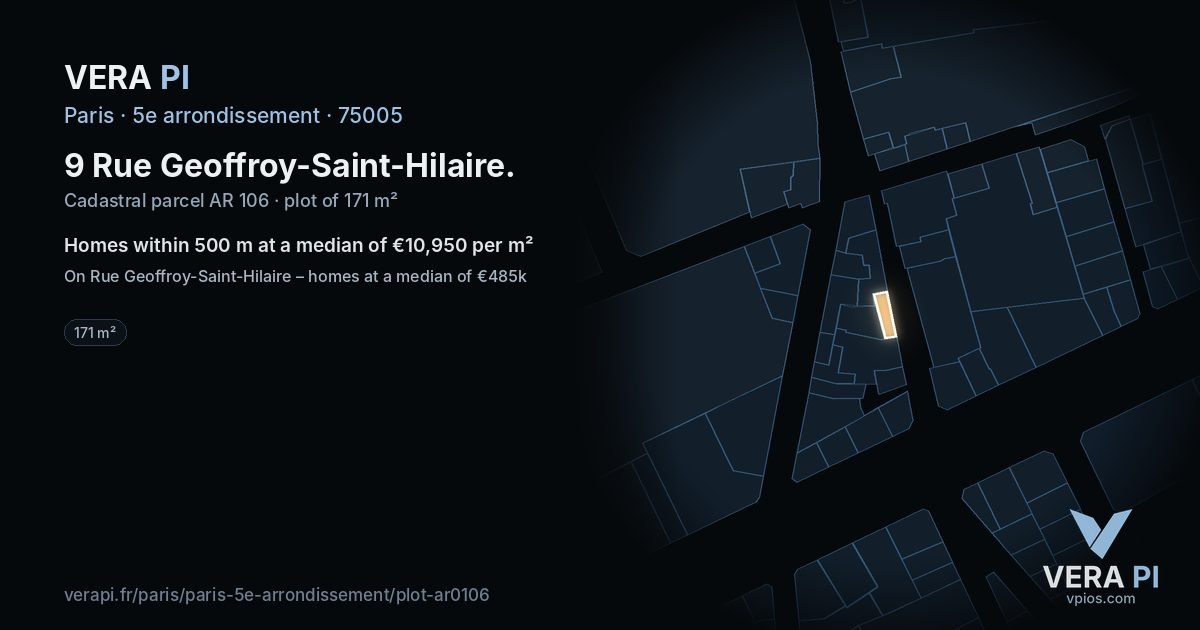 9 Rue Geoffroy-Saint-Hilaire, 5e arrondissement at night – the plot lit, the parcels around coloured by the prices near them
