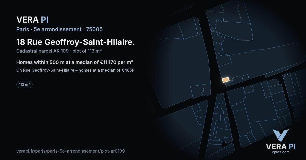 18 Rue Geoffroy-Saint-Hilaire, 5e arrondissement at night – the plot lit, the parcels around coloured by the prices near them