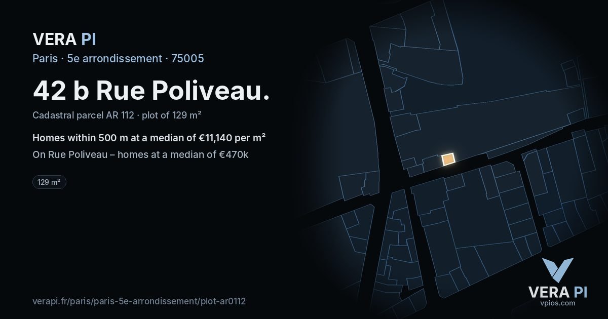 42 b Rue Poliveau, 5e arrondissement at night – the plot lit, the parcels around coloured by the prices near them