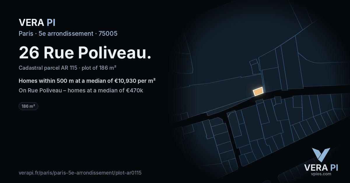 26 Rue Poliveau, 5e arrondissement at night – the plot lit, the parcels around coloured by the prices near them