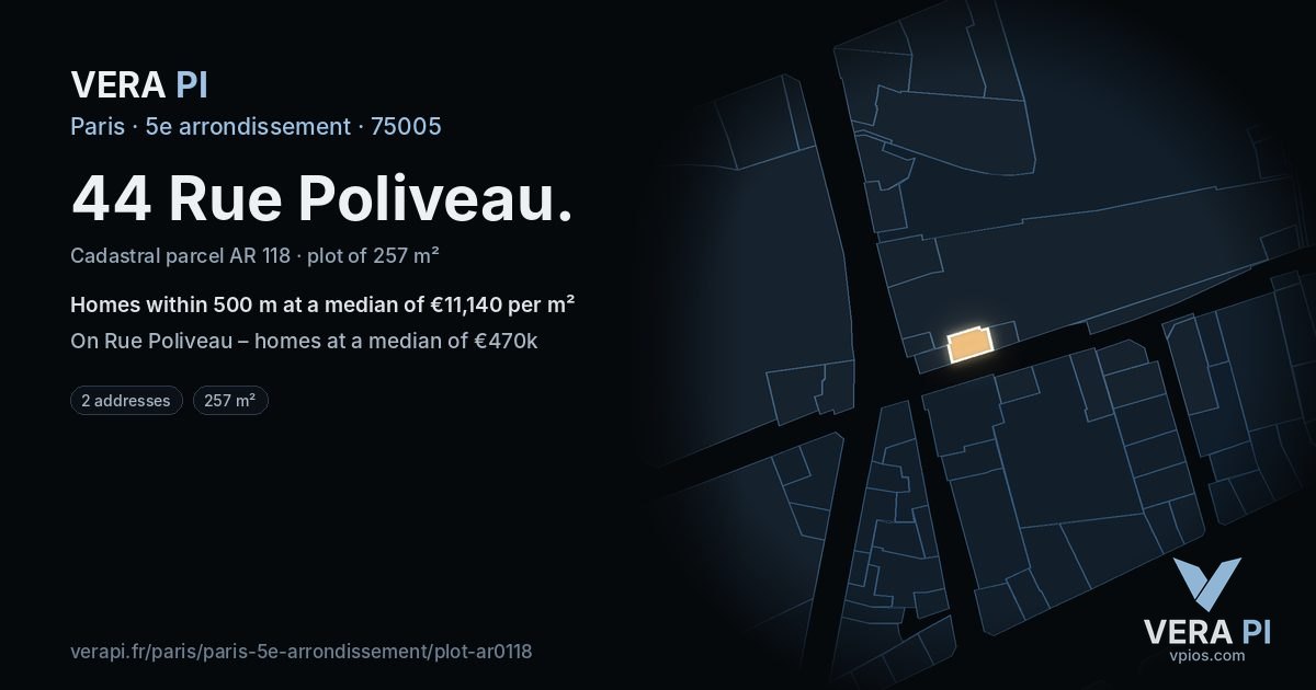 44 Rue Poliveau, 5e arrondissement at night – the plot lit, the parcels around coloured by the prices near them
