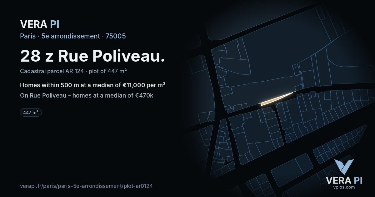 28 z Rue Poliveau, 5e arrondissement at night – the plot lit, the parcels around coloured by the prices near them