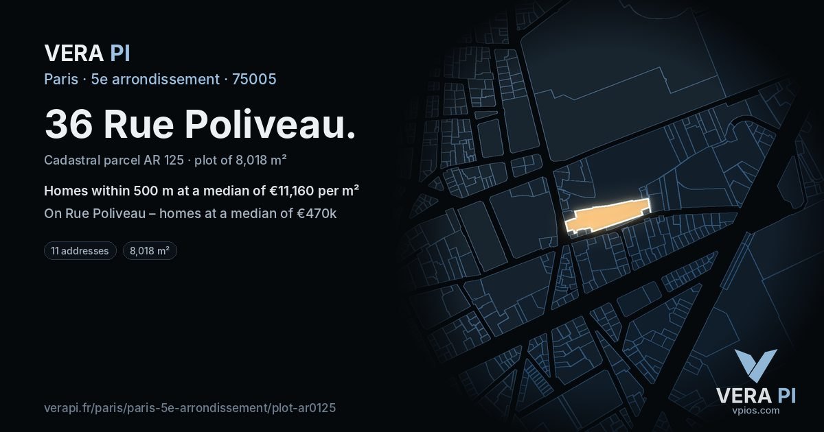 36 Rue Poliveau, 5e arrondissement at night – the plot lit, the parcels around coloured by the prices near them