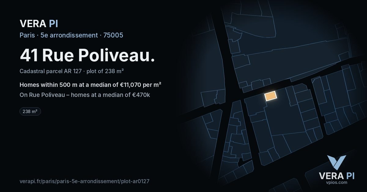 41 Rue Poliveau, 5e arrondissement at night – the plot lit, the parcels around coloured by the prices near them