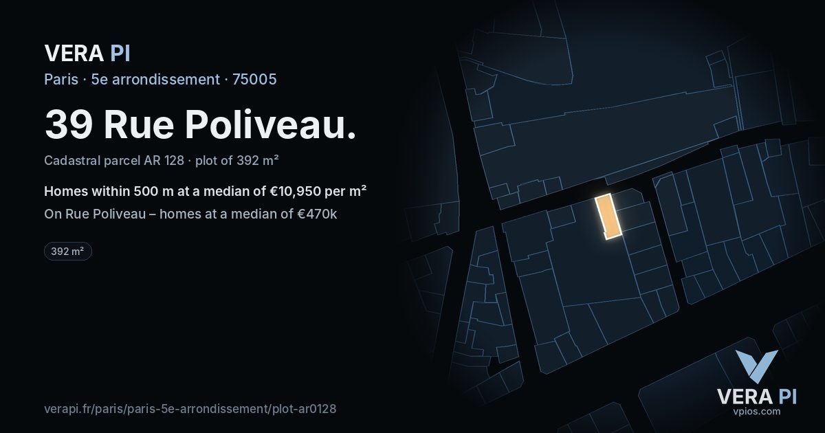 39 Rue Poliveau, 5e arrondissement at night – the plot lit, the parcels around coloured by the prices near them