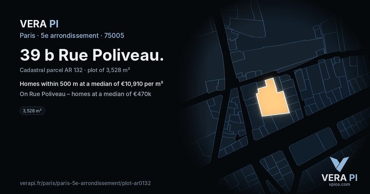 39 b Rue Poliveau, 5e arrondissement at night – the plot lit, the parcels around coloured by the prices near them
