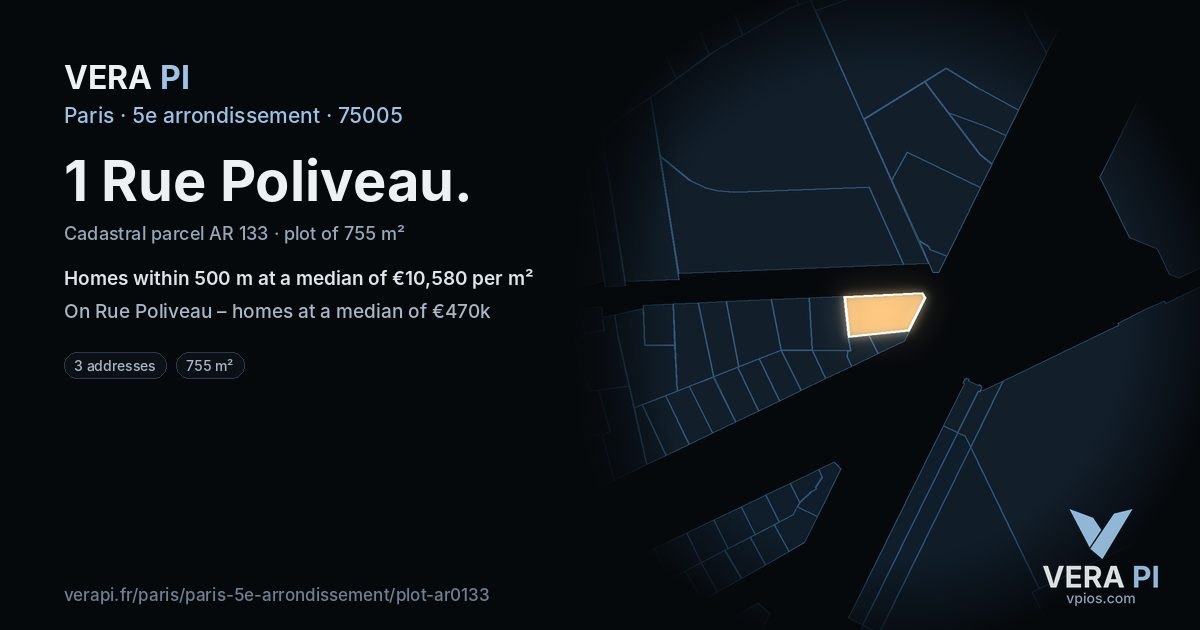 1 Rue Poliveau, 5e arrondissement at night – the plot lit, the parcels around coloured by the prices near them