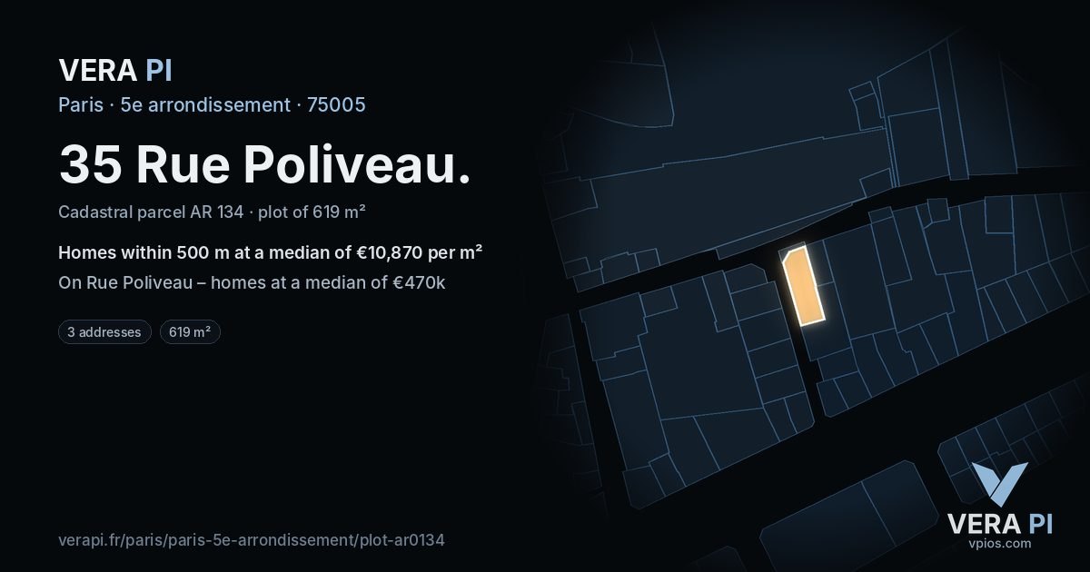 35 Rue Poliveau, 5e arrondissement at night – the plot lit, the parcels around coloured by the prices near them