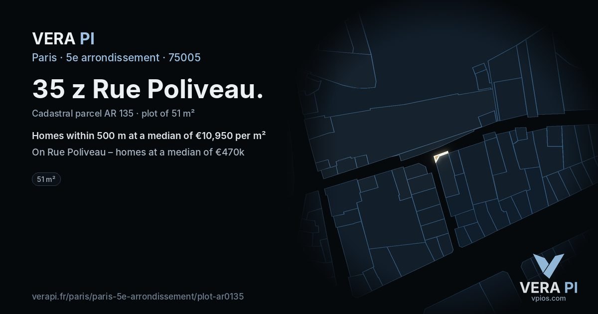 35 z Rue Poliveau, 5e arrondissement at night – the plot lit, the parcels around coloured by the prices near them