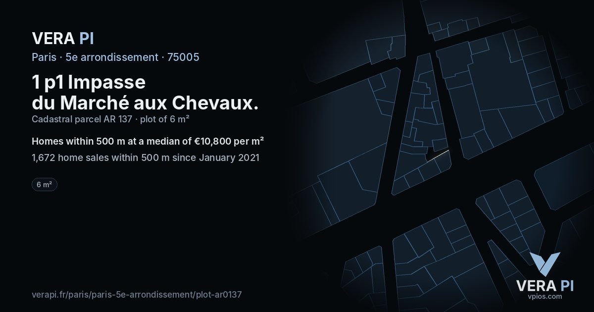 1 p1 Impasse du Marché aux Chevaux, 5e arrondissement at night – the plot lit, the parcels around coloured by the prices near them