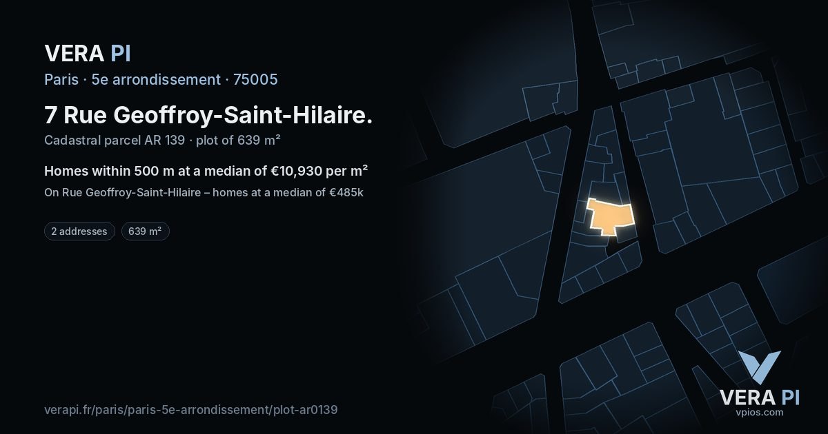 7 Rue Geoffroy-Saint-Hilaire, 5e arrondissement at night – the plot lit, the parcels around coloured by the prices near them