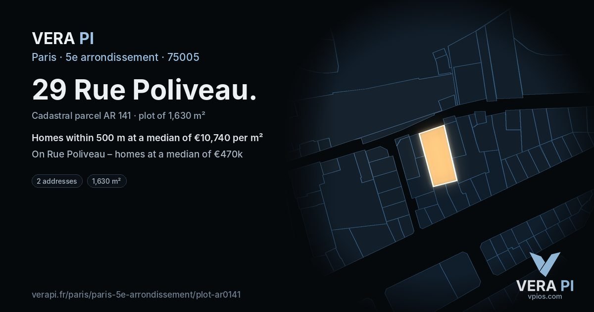 29 Rue Poliveau, 5e arrondissement at night – the plot lit, the parcels around coloured by the prices near them