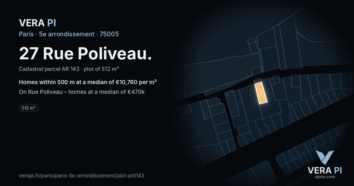 27 Rue Poliveau, 5e arrondissement at night – the plot lit, the parcels around coloured by the prices near them