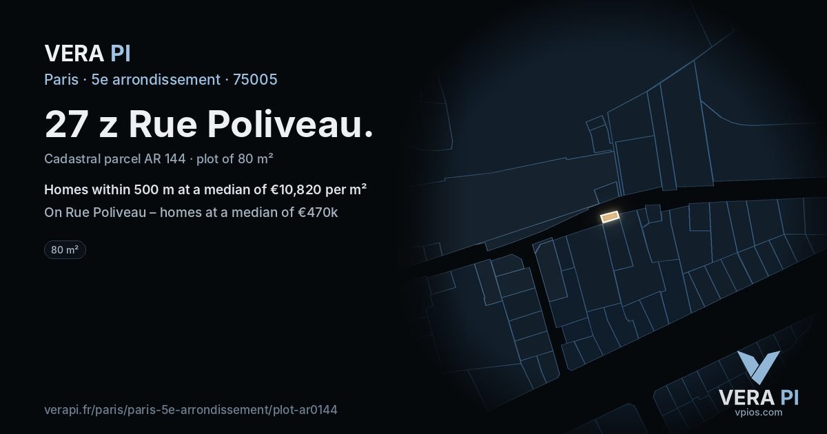 27 z Rue Poliveau, 5e arrondissement at night – the plot lit, the parcels around coloured by the prices near them