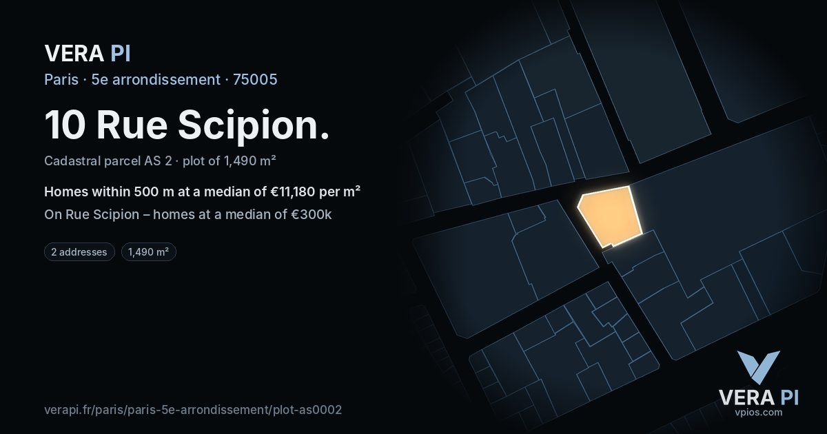 10 Rue Scipion, 5e arrondissement at night – the plot lit, the parcels around coloured by the prices near them