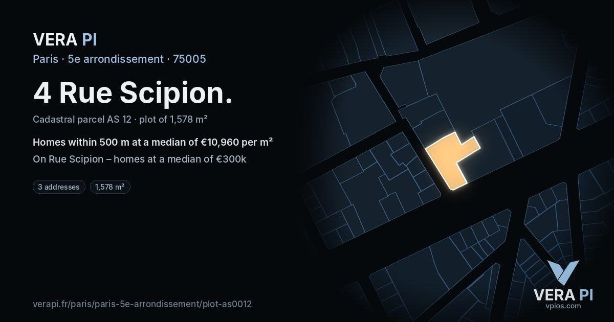 4 Rue Scipion, 5e arrondissement at night – the plot lit, the parcels around coloured by the prices near them