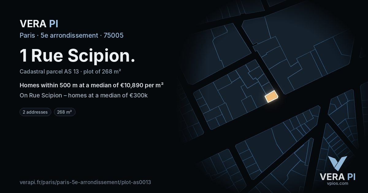 1 Rue Scipion, 5e arrondissement at night – the plot lit, the parcels around coloured by the prices near them
